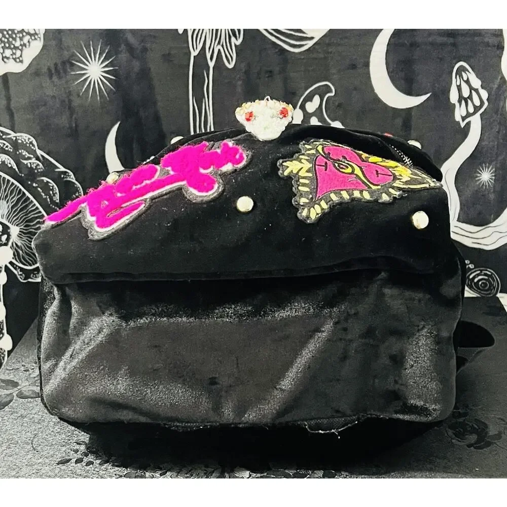 Betsey Johnson Embellished Punk Graffiti Backpack Black Rose Cherry Lips Studded